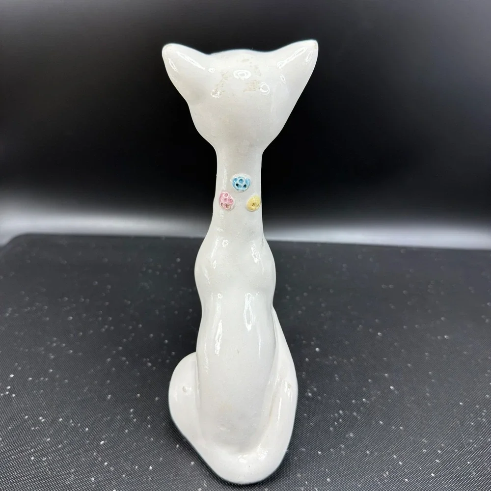 Vintage Tosca Italy Ceramic Cat Figurine MCM Hand Painted White Pastel Buttons‎